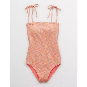 Aerie Pink Coral Space Dye Pique Bandeau One Piece Swimsuit XS Cheeky Cut New